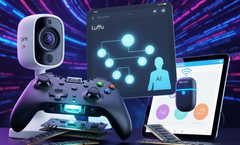 Tech gadgets including security camera, game controller, tablets, and memory chips.