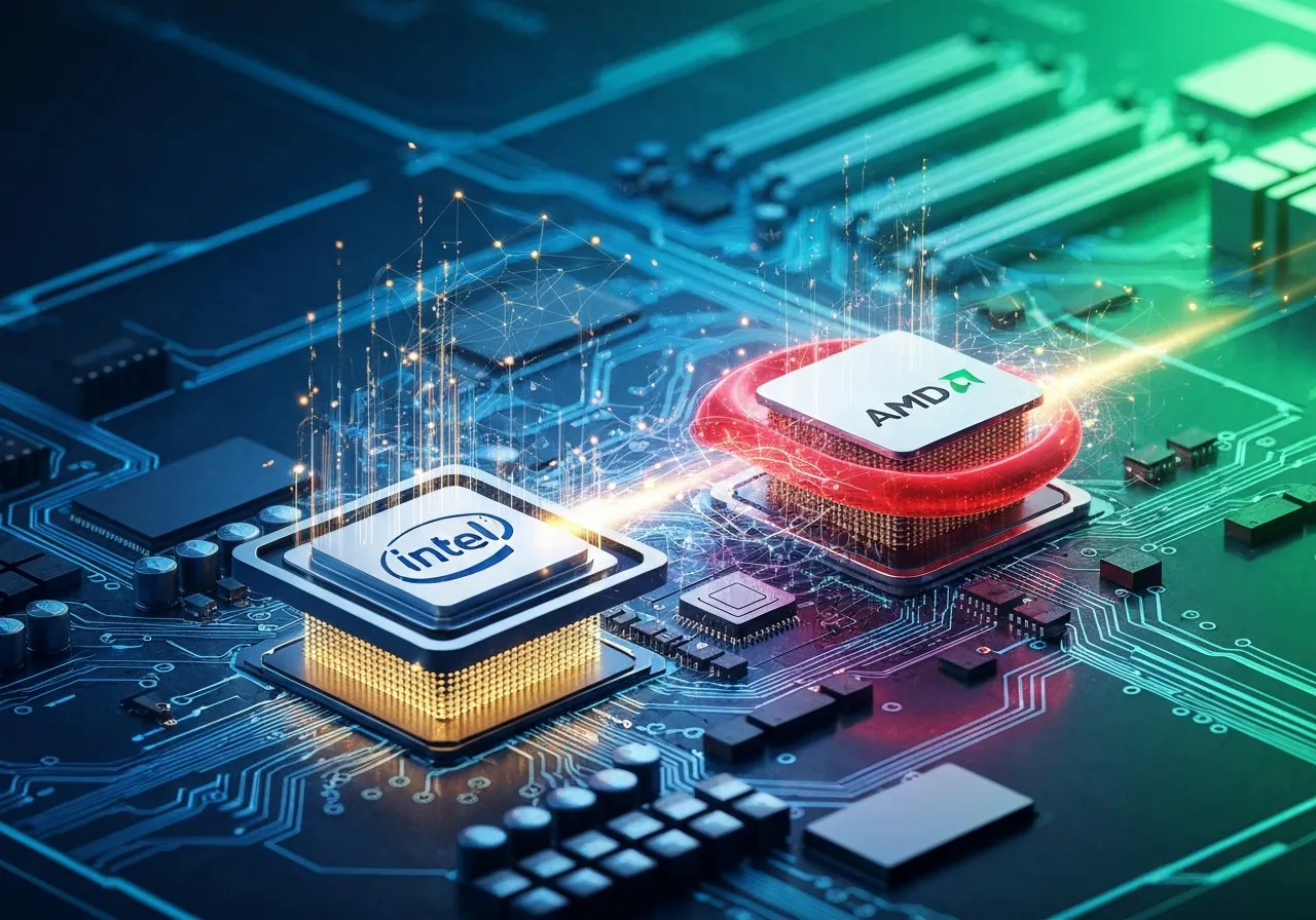 Close-up of Intel and AMD processors on a circuit board.