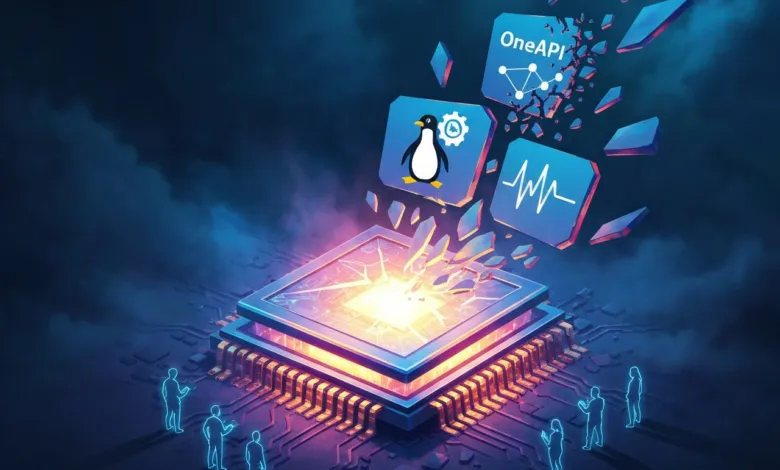 Stylized image of a computer chip with software icons and glowing figures.