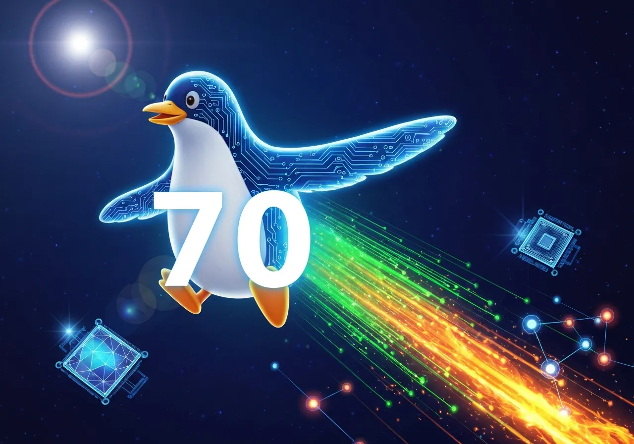 Digital penguin with circuit board design and the number 70 on a dark blue background.