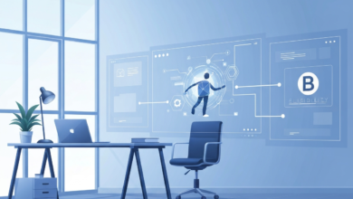 Modern office setup with laptop, plant, and digital eligibility interface.