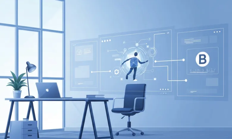 Modern office setup with laptop, plant, and digital eligibility interface.