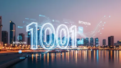 City skyline with '1001' overlayed in neon blue, reflecting in the water.