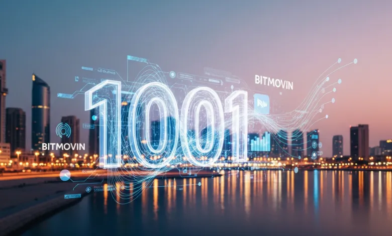 City skyline with '1001' overlayed in neon blue, reflecting in the water.