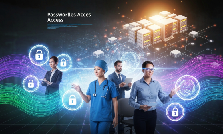 Diverse professionals interact with digital security interface, passwordless access.