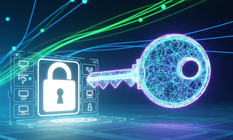 Digital padlock and key representing cybersecurity and data protection.