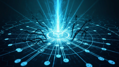 Abstract digital art: glowing cube emits light on a circuit board pattern.