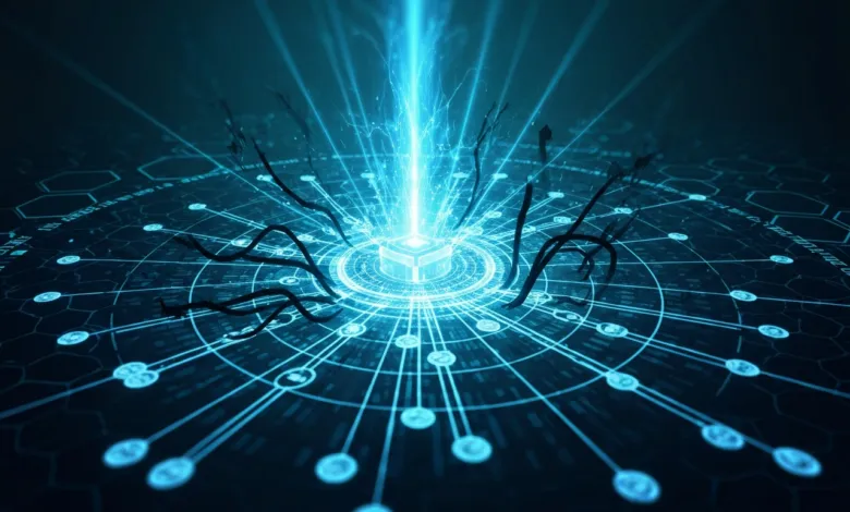 Abstract digital art: glowing cube emits light on a circuit board pattern.