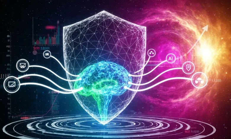 AI-powered cybersecurity shield with brain, data, and cosmic background.