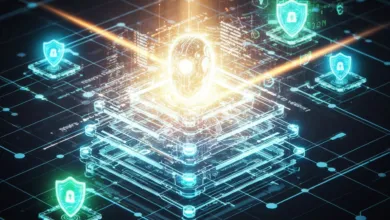 Abstract digital security concept with glowing AI head and shield icons.