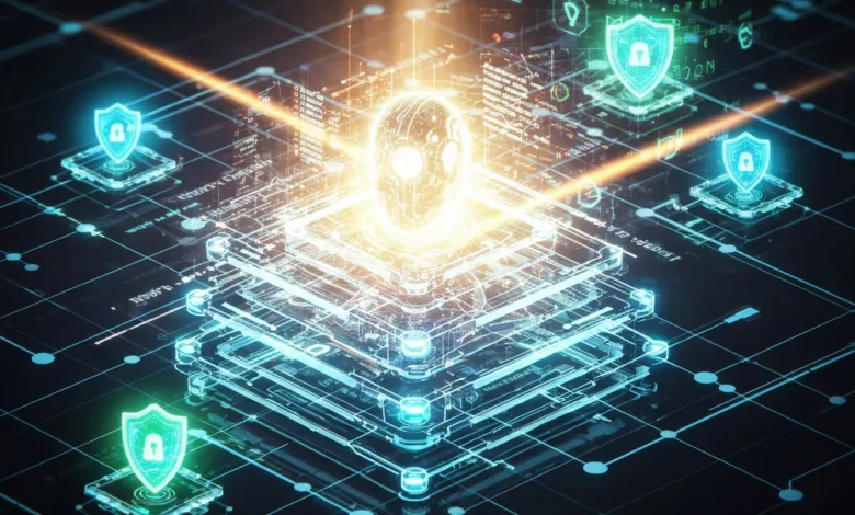 Abstract digital security concept with glowing AI head and shield icons.