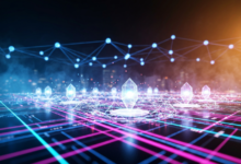 Abstract digital landscape with glowing crystals and network connections.