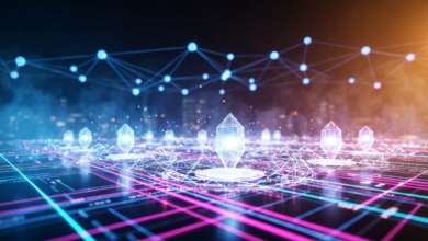 Abstract digital landscape with glowing crystals and network connections.