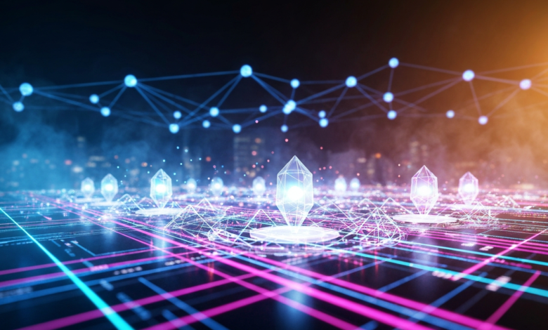 Abstract digital landscape with glowing crystals and network connections.