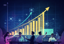 Team analyzes rising ROI chart with AI integration on digital display.