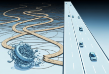 Illustration contrasts chaotic dirt roads with a smooth highway, symbolizing different paths.