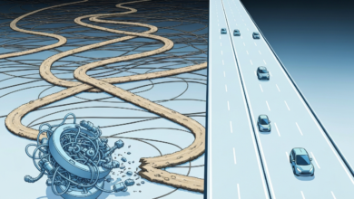 Illustration contrasts chaotic dirt roads with a smooth highway, symbolizing different paths.