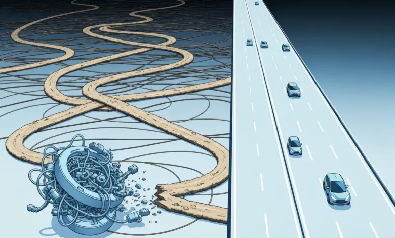 Illustration contrasts chaotic dirt roads with a smooth highway, symbolizing different paths.
