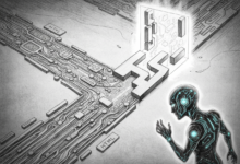 Pencil drawing of a humanoid robot looking at a circuit board maze.