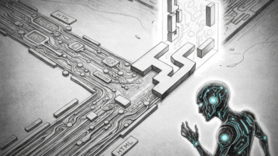 Pencil drawing of a humanoid robot looking at a circuit board maze.