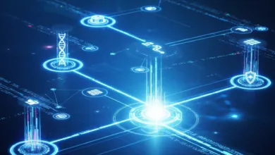 Abstract digital network with glowing blue connections and data icons.