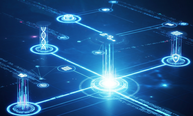 Abstract digital network with glowing blue connections and data icons.