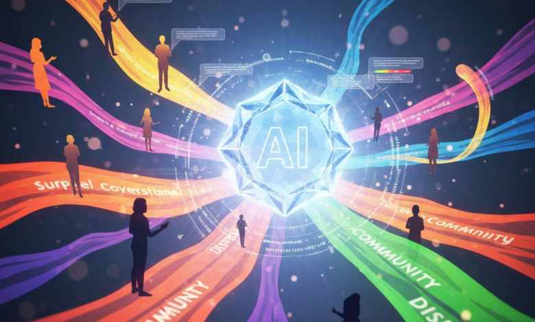 Abstract AI concept with people silhouettes and colorful data streams.