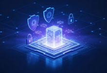 Isometric view of digital security concept with shields and locks.