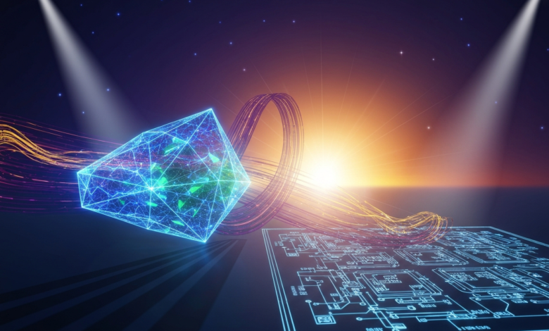 Glowing geometric cube and circuit board design under spotlights.