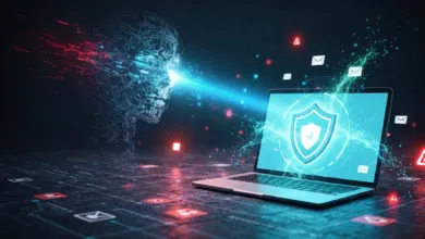 Abstract digital face beams light at laptop with security shield on screen.