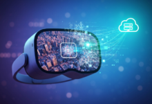 VR headset displaying city skyline connected to cloud computing network.