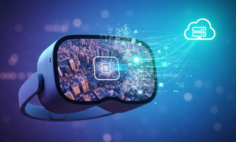 VR headset displaying city skyline connected to cloud computing network.