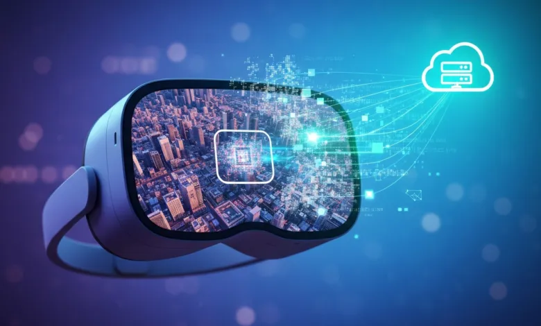 VR headset displaying city skyline connected to cloud computing network.