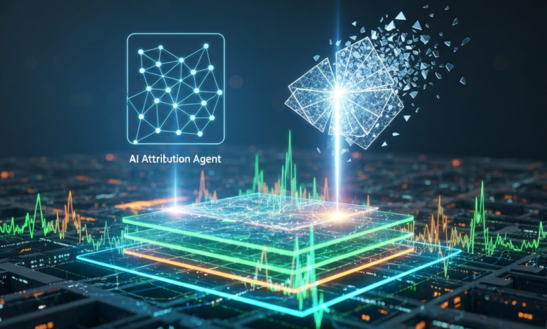 AI Attribution Agent graphic with layered platform and data visualization.