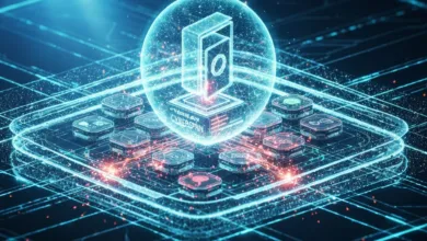 Glowing digital sphere containing a stylized open book on a circuit board.