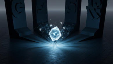 Person stands beneath glowing crystal with digital data symbols.
