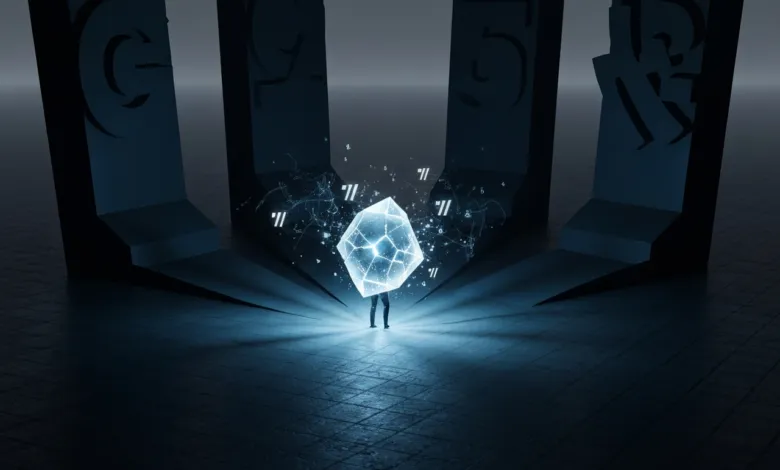Person stands beneath glowing crystal with digital data symbols.