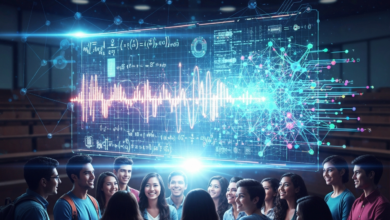 Students in lecture hall view holographic display of equations and data.