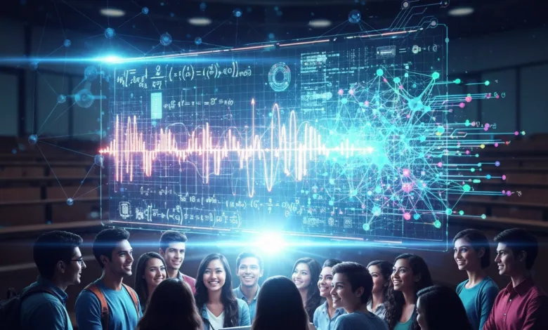 Students in lecture hall view holographic display of equations and data.