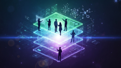 Silhouetted figures stand on layered platforms with digital interfaces and scientific diagrams.