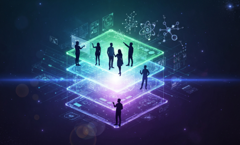 Silhouetted figures stand on layered platforms with digital interfaces and scientific diagrams.