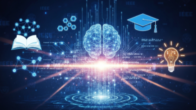 Digital illustration of a brain, book, graduation cap, and lightbulb on a circuit board.