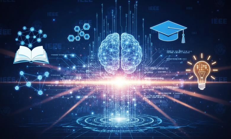 Digital illustration of a brain, book, graduation cap, and lightbulb on a circuit board.