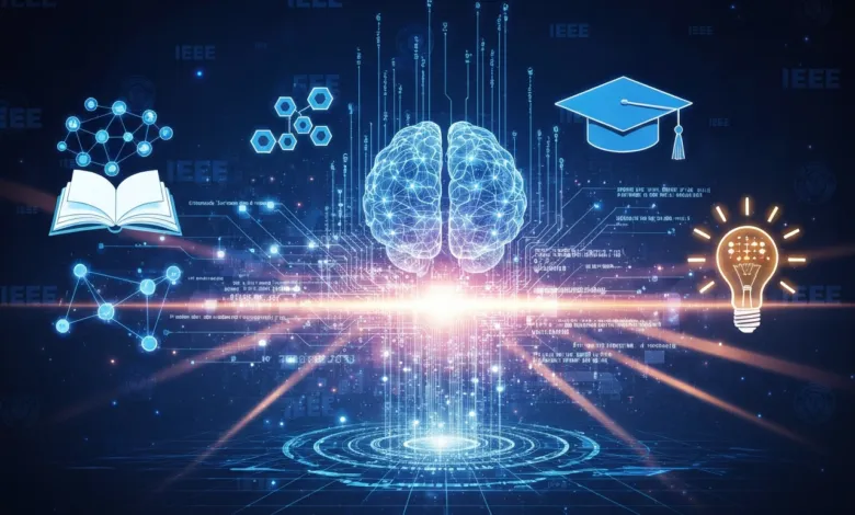 Digital illustration of a brain, book, graduation cap, and lightbulb on a circuit board.