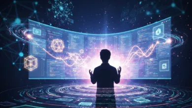 Person facing large screen displaying code and data visualizations.