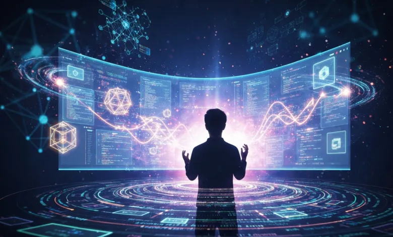 Person facing large screen displaying code and data visualizations.