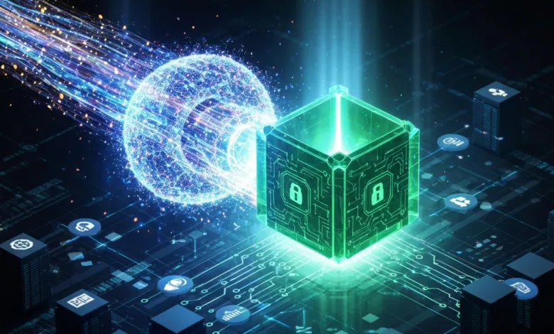 Glowing cube with lock icon, data streams, and circuit board pattern.
