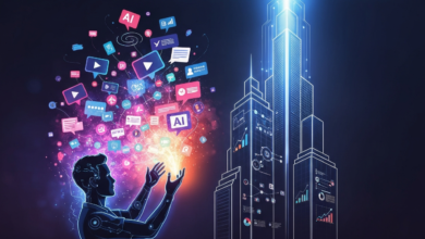 Person interacting with AI icons, building with data visualizations, futuristic concept.