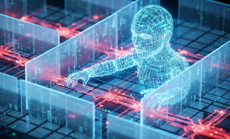 Digital wireframe human figure interacts with glowing data panels.