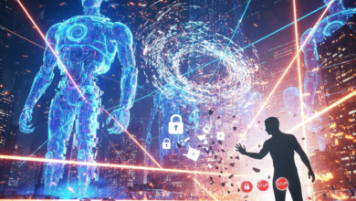 Cyberpunk cityscape with glowing robots, digital locks, and a silhouetted figure.